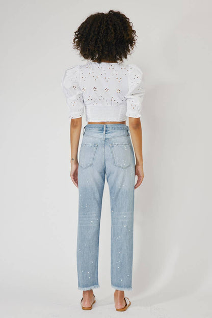 Now on Sale (Compare at $79) Kan Can USA High Rise Slim Straight, Paint Splatter and Distressed and Whiskering Light Denim- KC8708M