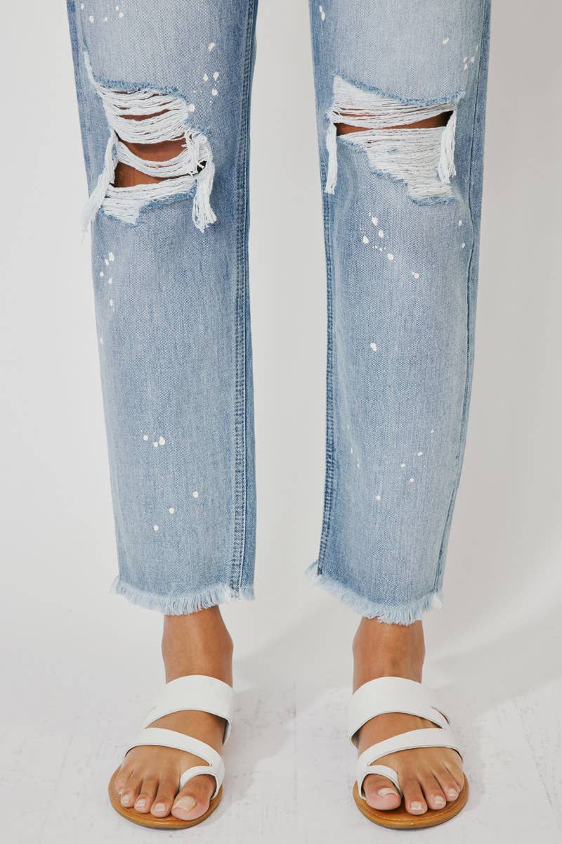 Now on Sale (Compare at $79) Kan Can USA High Rise Slim Straight, Paint Splatter and Distressed and Whiskering Light Denim- KC8708M