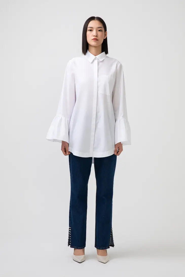 Women's Poplin Shirred Sleeve Long Sleeve Shirt in White - remarkablegoods.net