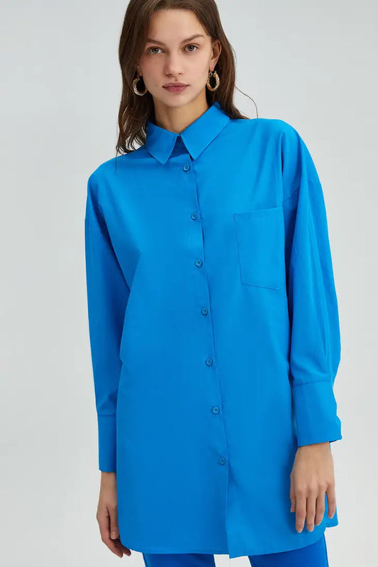 Women's Blue Poplin Oversized Tunic Shirt - remarkablegoods.net