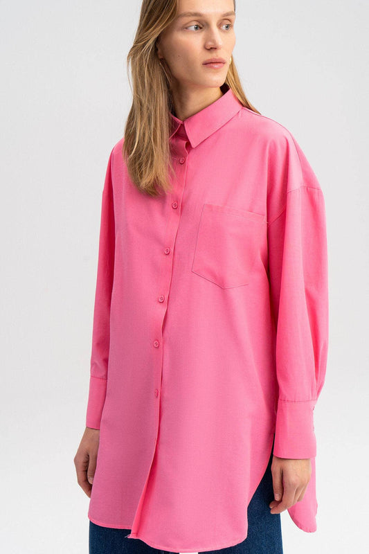 Women's Pink Poplin Long Button up Classic Shirt - remarkablegoods.net