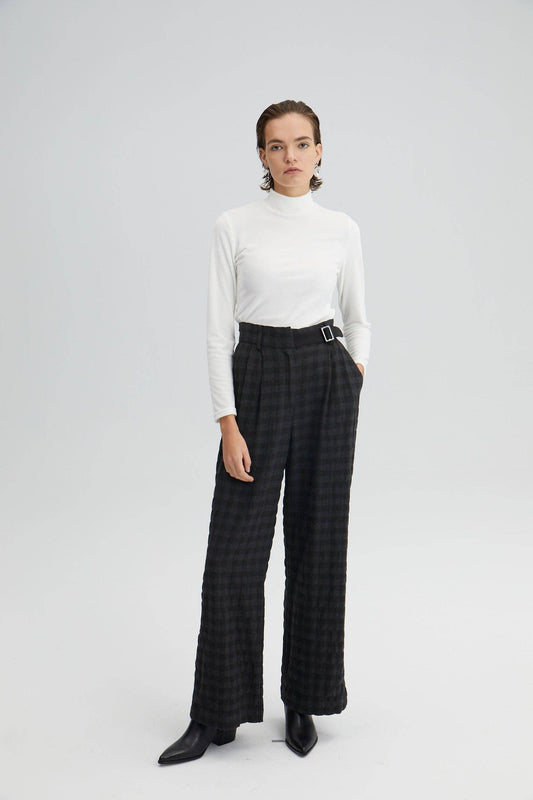 Women's Plaid Trousers with Cinch Belt in Dark Charcoal and Black - remarkablegoods.net