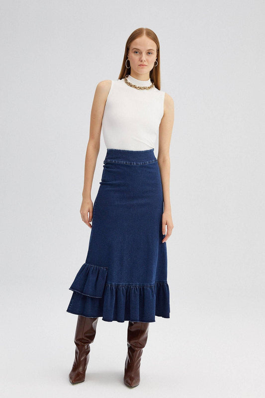 Women's Dark Blue Wash Denim Mid-Calf Length Denim Skirt with Frill Detail - remarkablegoods.net