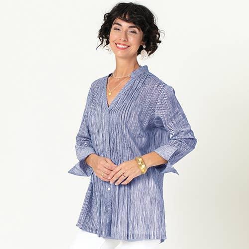 Women's Suri Navy Classic Stripe 100% Cotton Pintuck Tunic - remarkablegoods.net