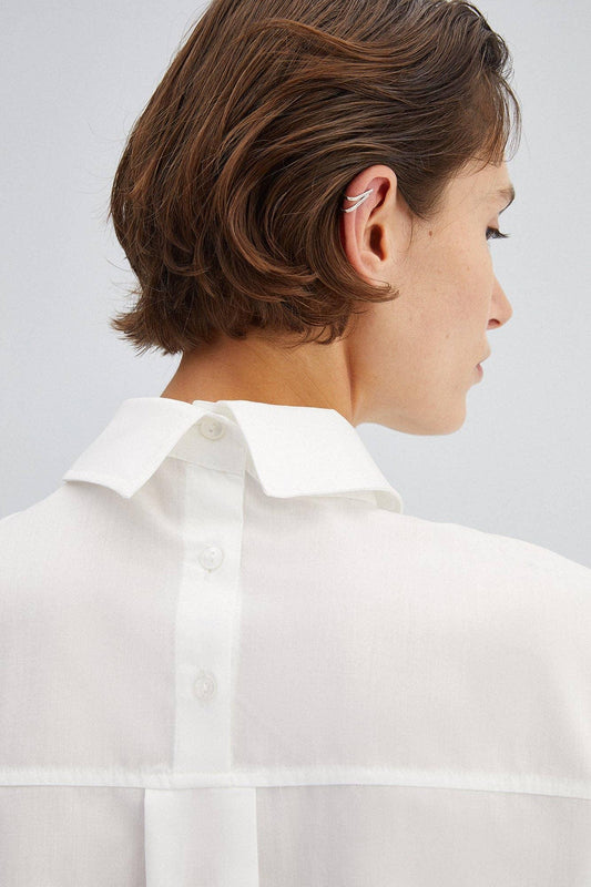 Women's Back Neck Button Detail Longer Length Classic Poplin Shirt in Ecru - remarkablegoods.net