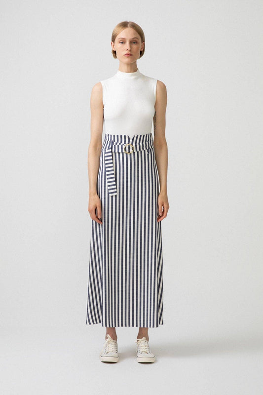 Women's Navy Blue Stripe Ankle Length Skirt with Belt - remarkablegoods.net