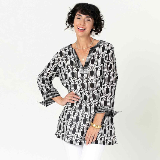 Women's Aurora Black Patterned 100% Cotton Tunic - remarkablegoods.net